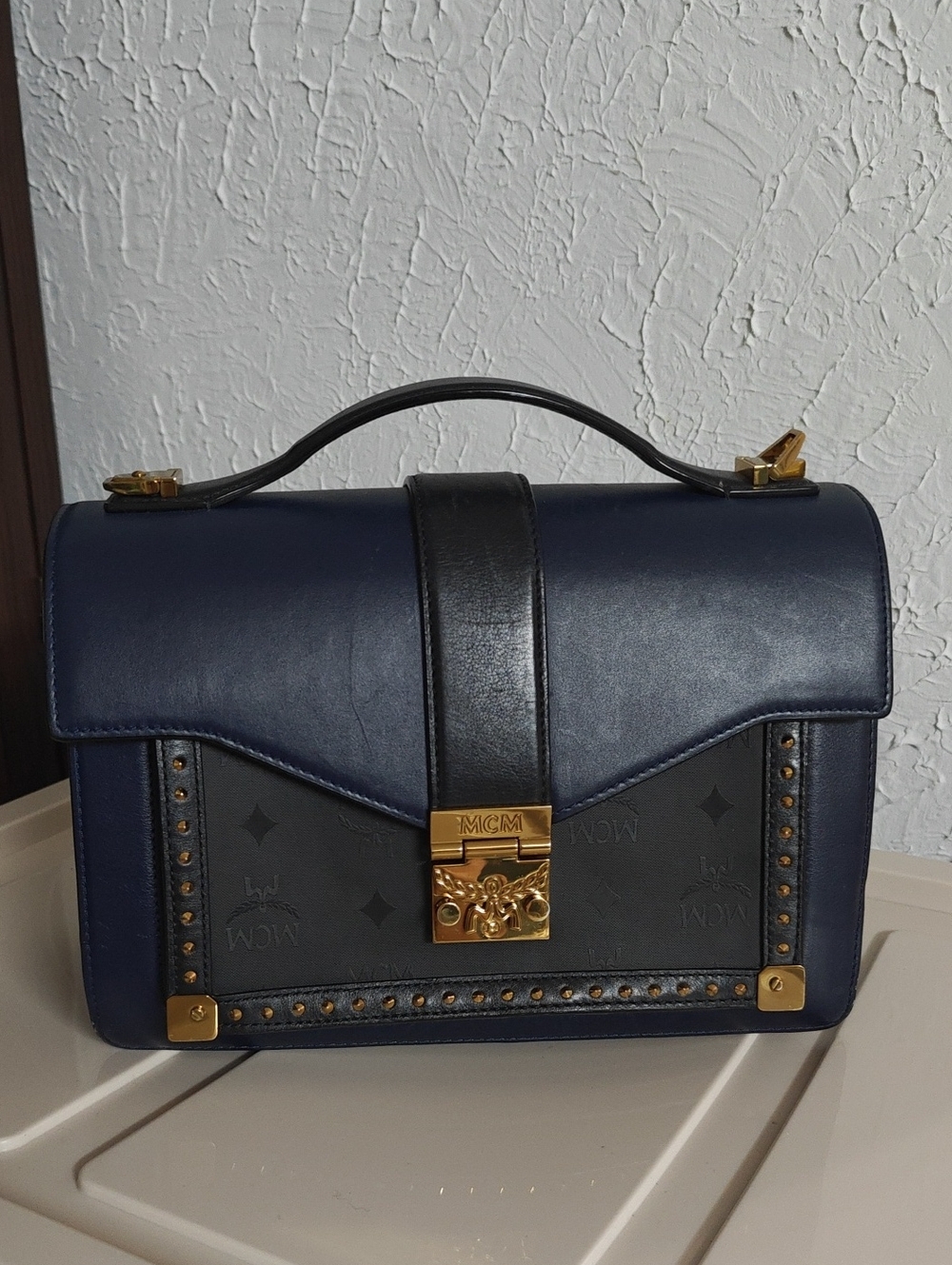 MCM Navy Blue and Black Leather Top-Handle Shoulder Bag with Gold Hardware